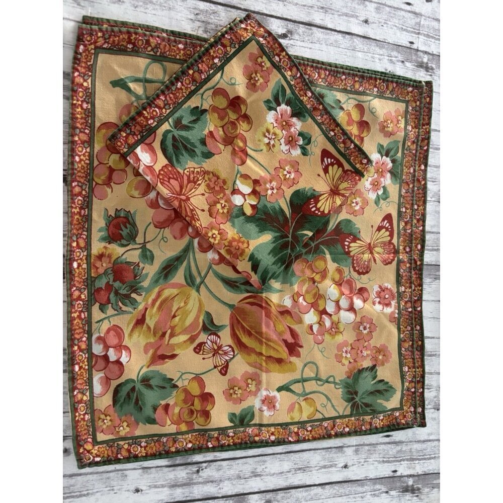 April Cornell Tulip‎ Floral Cotton Cloth Dinner Napkins Green Yellow Set of 4